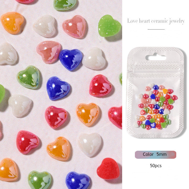 NDE052  50 pieces of nail art accessories white love jewelry peach heart white heart-shaped color ceramic 3D nail decoration