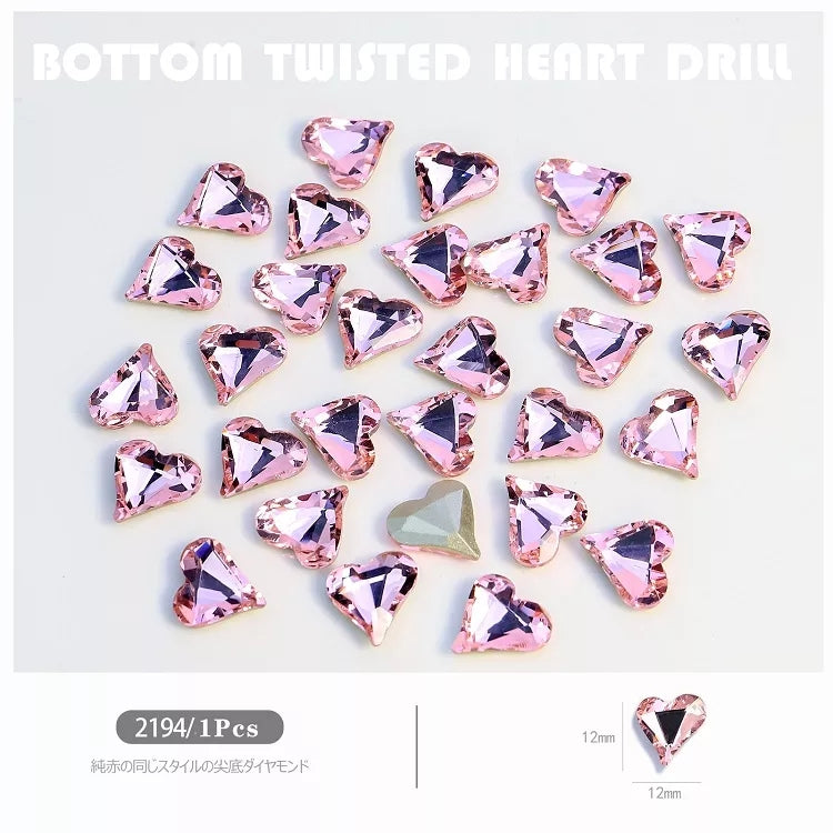 NZJ027  Large Nail Art Rhinestone Pointed Bottom Crooked Heart High Quality Glass Stone Fashion Fingernail DIY Decoration Accessories