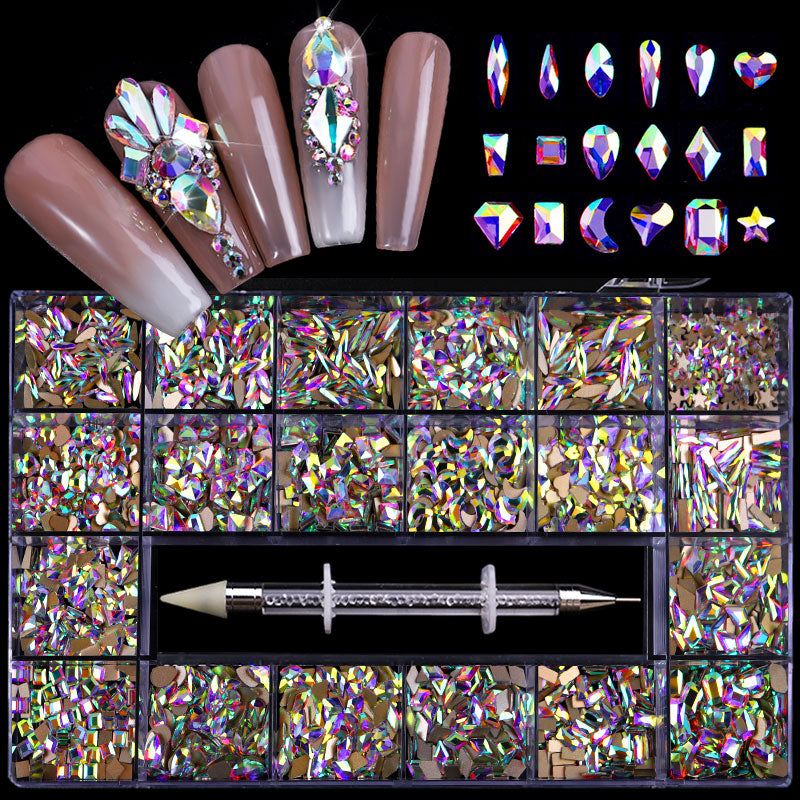 NRB017  Shiny Crystal AB White Rainbow Nail Art Mix Shape Fancy In Box Flat Bottom Glass nail rhinestone art decoration rhinestones