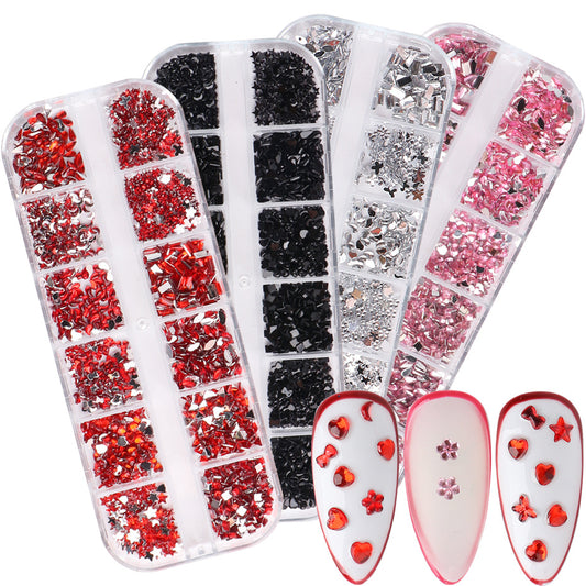 NRS018  ForLife Hot sale 12 grid shaped resin red pink rhinestone glass flat nail art rhinestone decoration