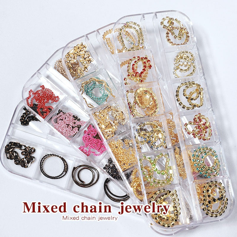 NDE054  ForLife new 12 grid boxed chain DIY nail art decoration metal rhinestone gold and silver chain