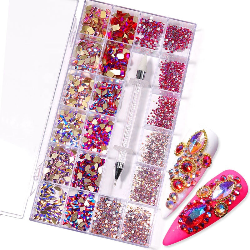 NRB011  3D Diamond Colorful Boxed Nail Rhinestone Glitter Flat Glass Shaped Nail Art Decoration Accessories Shiny Jewelry Set