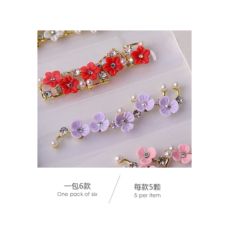 NDE013  ForLife 6 Grid Pack Flatback Nail Art Rhinestones Zircon Resin Flower Alloy Chain 2 Sections Nail Decorations tools