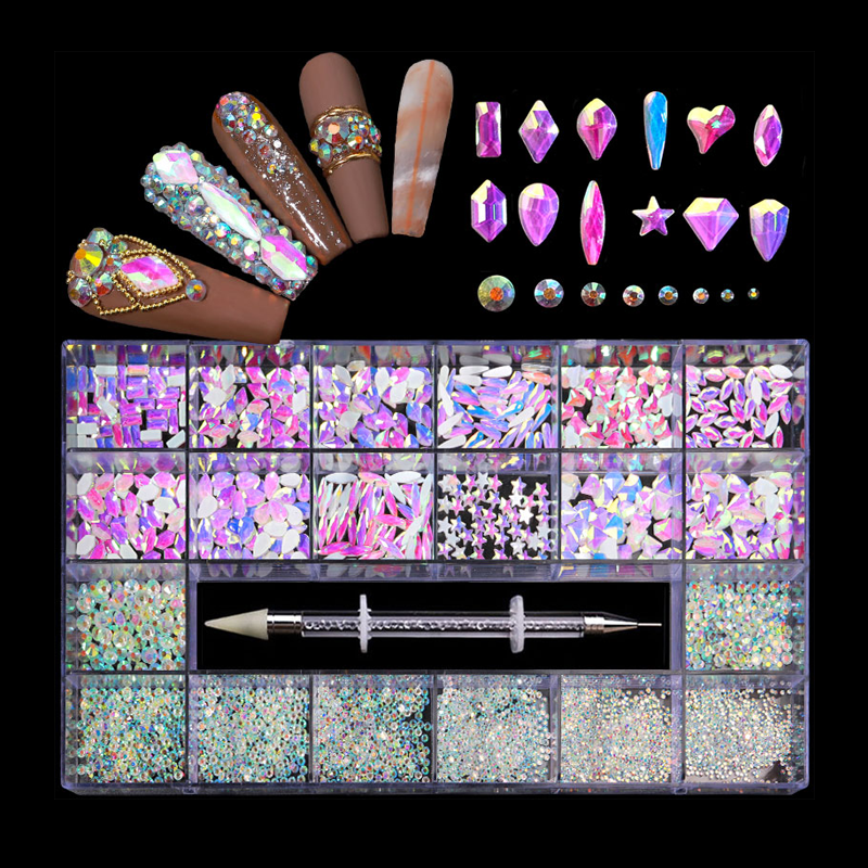 NRB006  New Aurora Protein Two-color Flat Bottom Shaped Glass Rhinestone Boxed Mixed Color Decorative Rhinestone