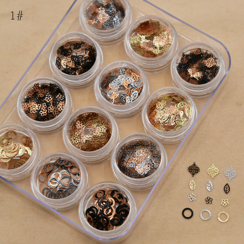 NRD012  1 box Gold Hollow Out Nail Glitter Sequins Mixed Flowers Star Designs Metal Thin Slice Paillette Polish Nails