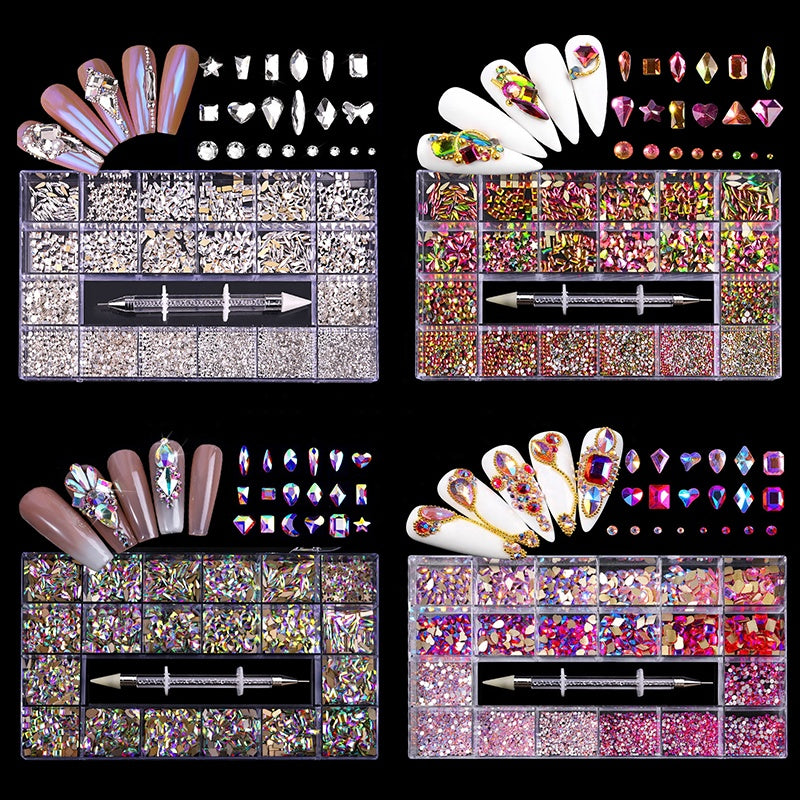 NRB004  Crystal AB White Rainbow Nail Art Mix Shape Fancy Shaped In Box Flat Bottom Glass nail rhinestone art decoration rhinestones