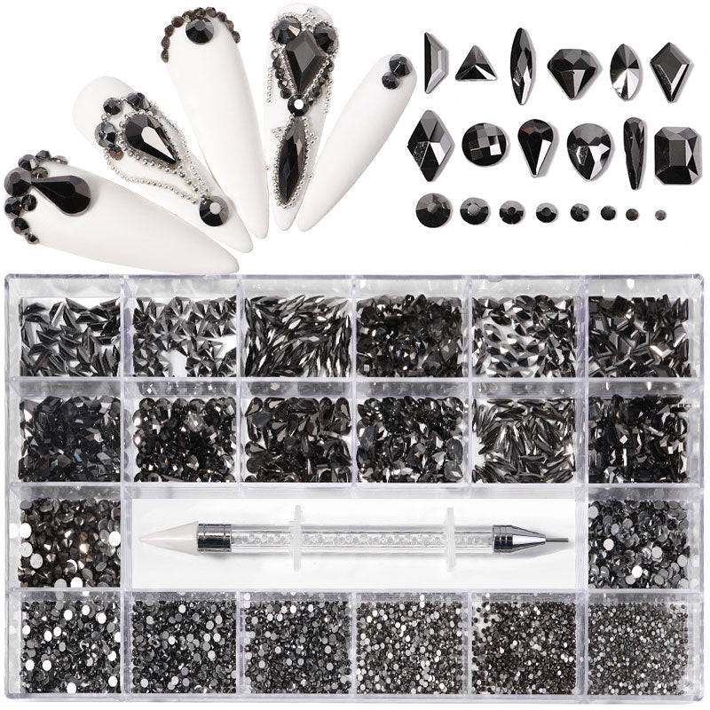 NRB008  Crystal black Nail Art Mix Shape Fancy Shaped In Box Flat Bottom Glass nail rhinestone art decoration black rhinestones