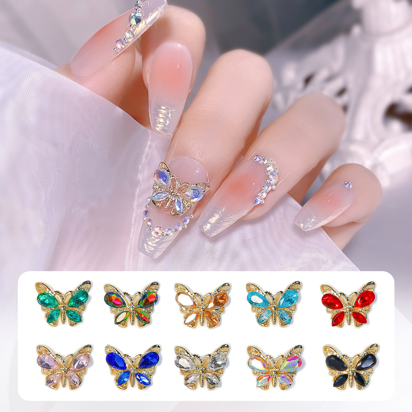 NZJ049  New luxury shiny 3D alloy crystal butterfly zircon nail accessories wholesale