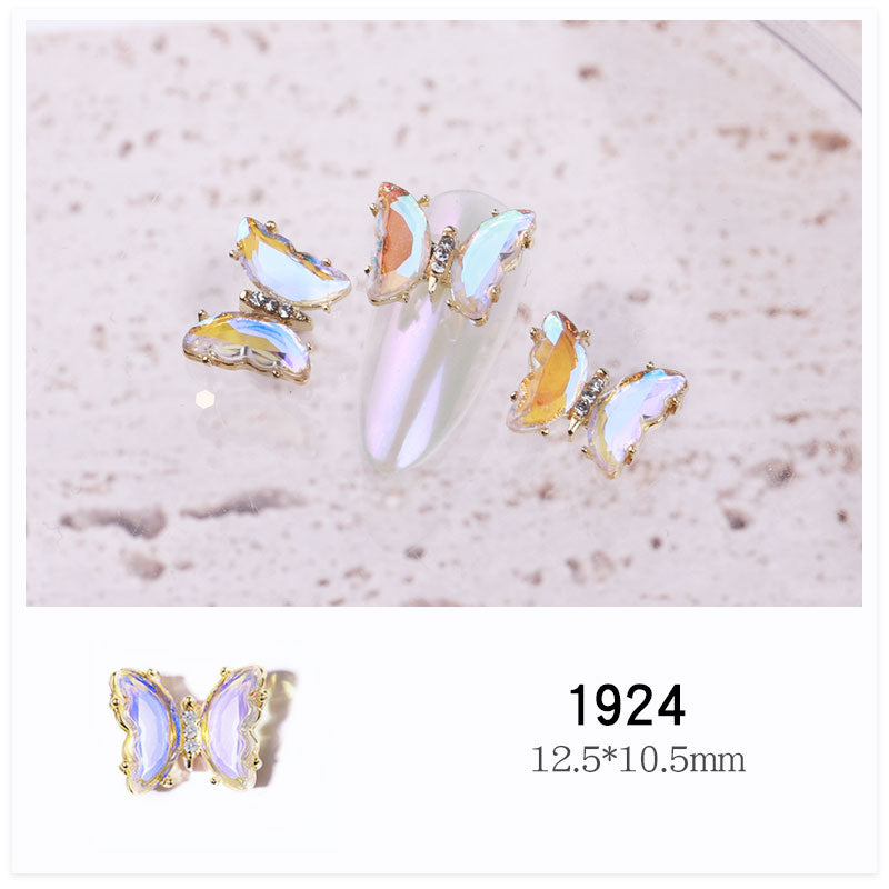 NDE053  2021 summer new style clear and translucent aurora glowing alloy frame butterfly 3d crystal butterfly DIY nail jewelry