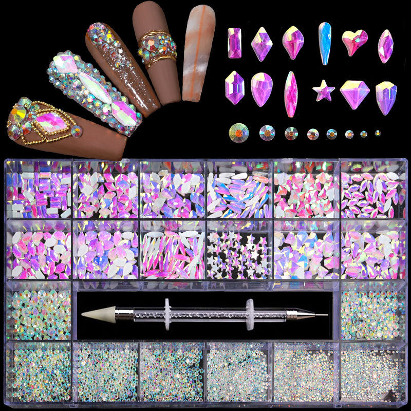 NRB004  Crystal AB White Rainbow Nail Art Mix Shape Fancy Shaped In Box Flat Bottom Glass nail rhinestone art decoration rhinestones