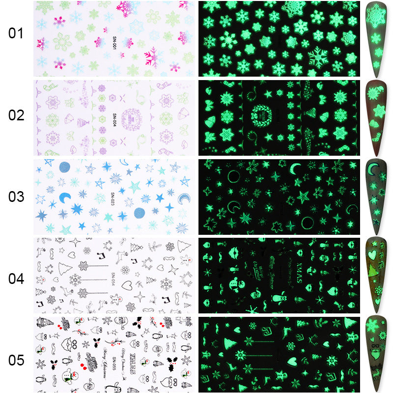 NS5D016  ForLife Luminous Nail Art Sticker Christmas Snowflake Patterns 3D Nail Decoration Decals Transfer Glow in Dark 1 Sheet