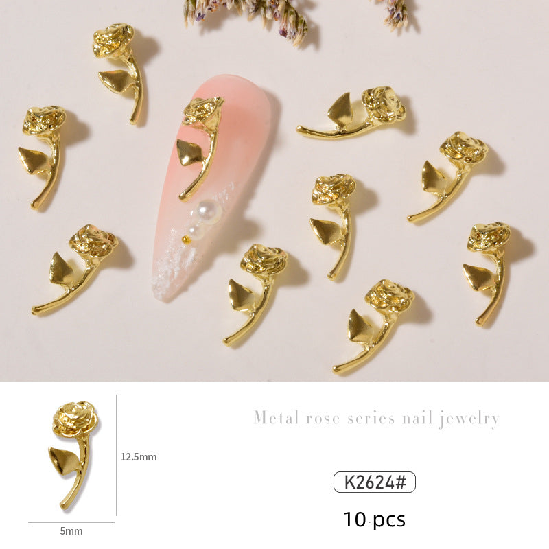 NZJ034 10 pcs/pack nail metal Rose alloy Accessories light luxury 3D Rose silver nail jewelry