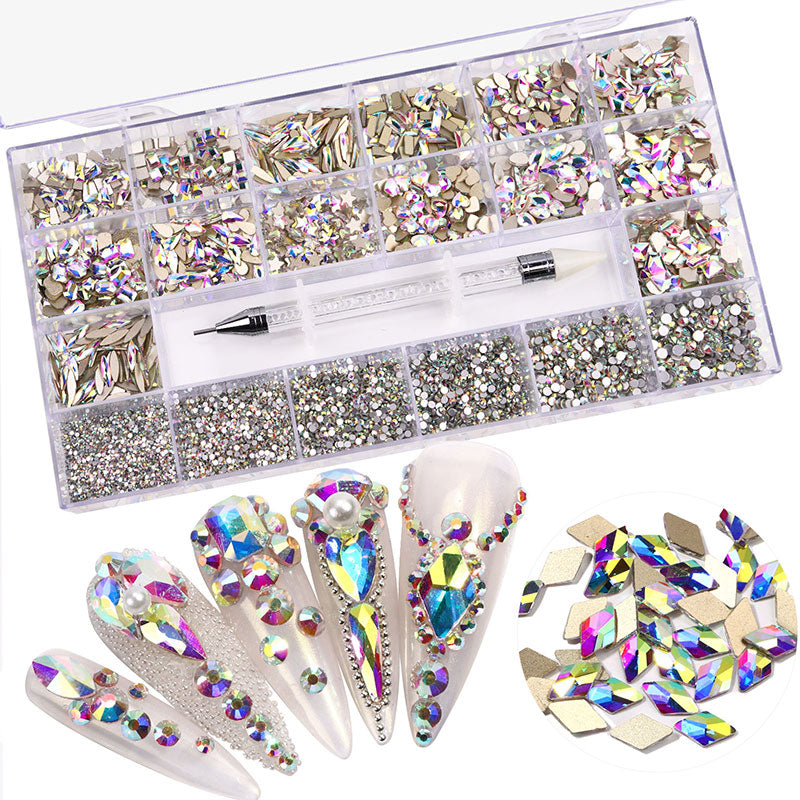 NRB018  21 Grids Mixed Color Micro Diamond Nail Art Flat Glass Round Shaped Rhinestone Box Nail Art Accessories DIY Set