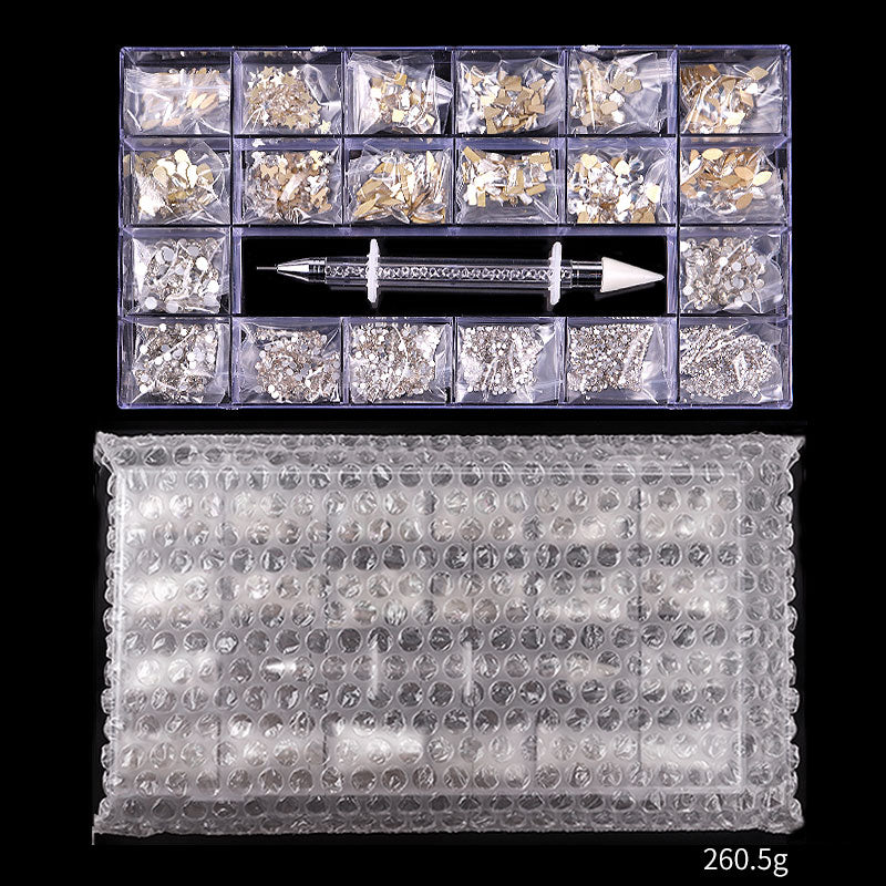 NRB009  Crystal White Nail Art Mix Shape Fancy Shaped In Box Flat Bottom Glass nail rhinestone art decoration white rhinestones