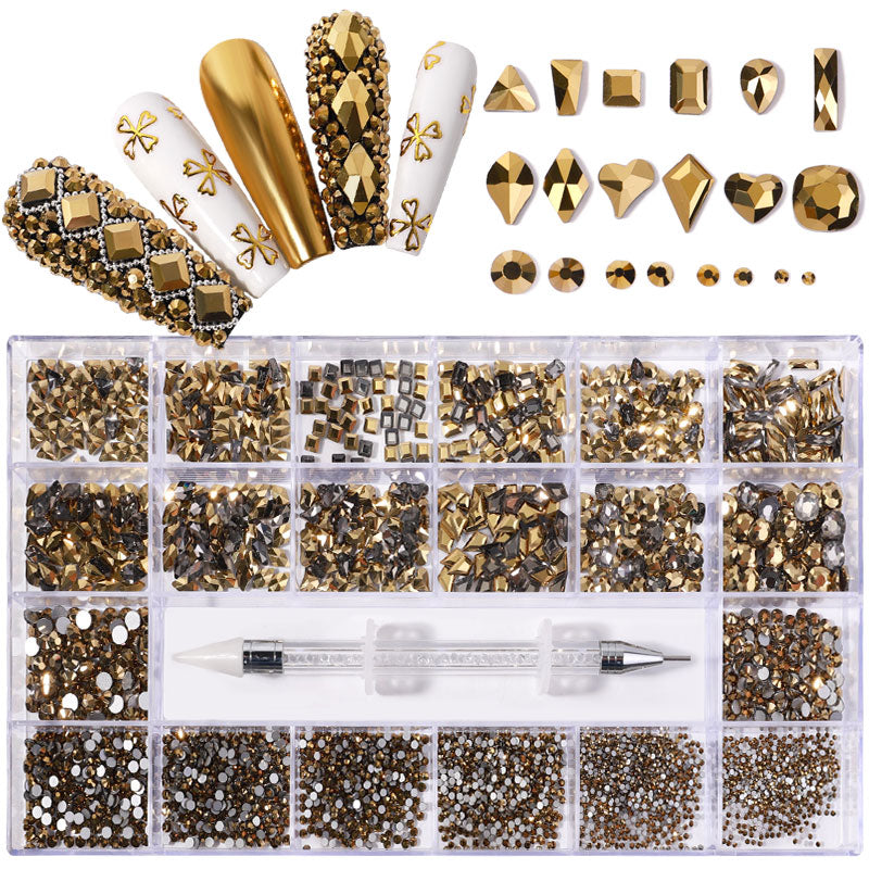 NRB005  Gold Nail Art Mix Shape Fancy Shaped In Box Flat Bottom Glass nail rhinestone art decoration gold rhinestones