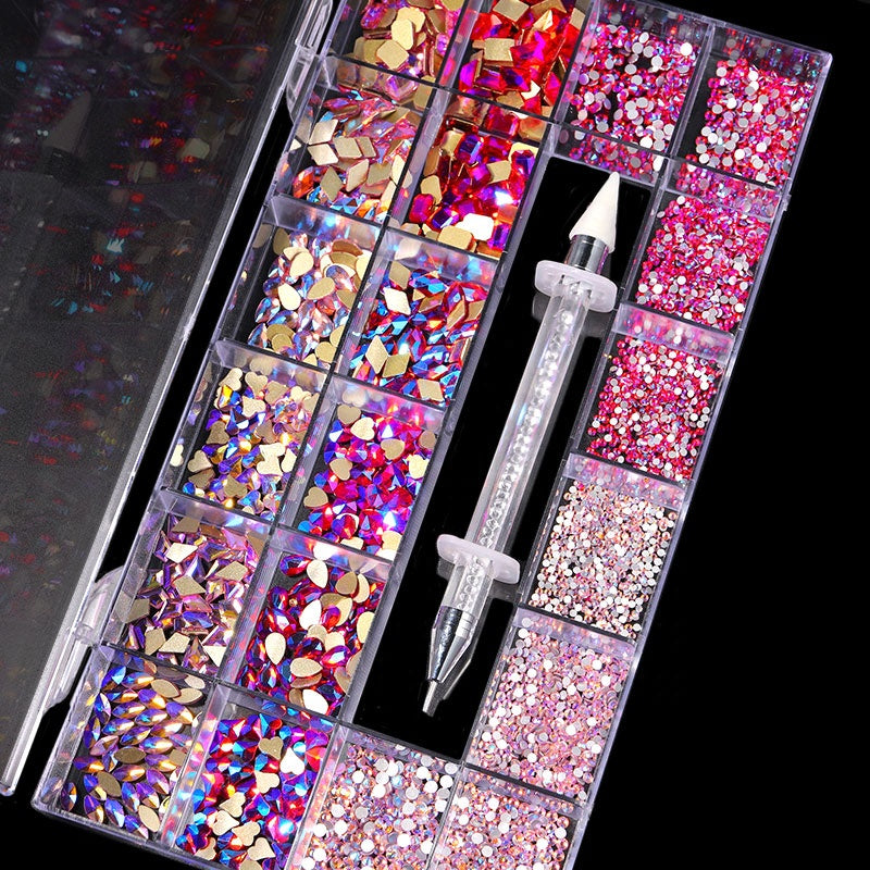 NRB011  3D Diamond Colorful Boxed Nail Rhinestone Glitter Flat Glass Shaped Nail Art Decoration Accessories Shiny Jewelry Set