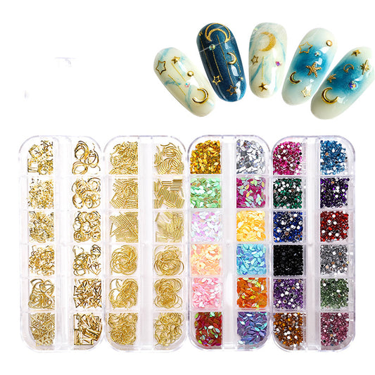 NDE050  Hot Selling Nail Rhinestone 12 Grid Boxed Mixed Rivet Jewelry Symphony Pearl Sequin Chain Nail Accessories