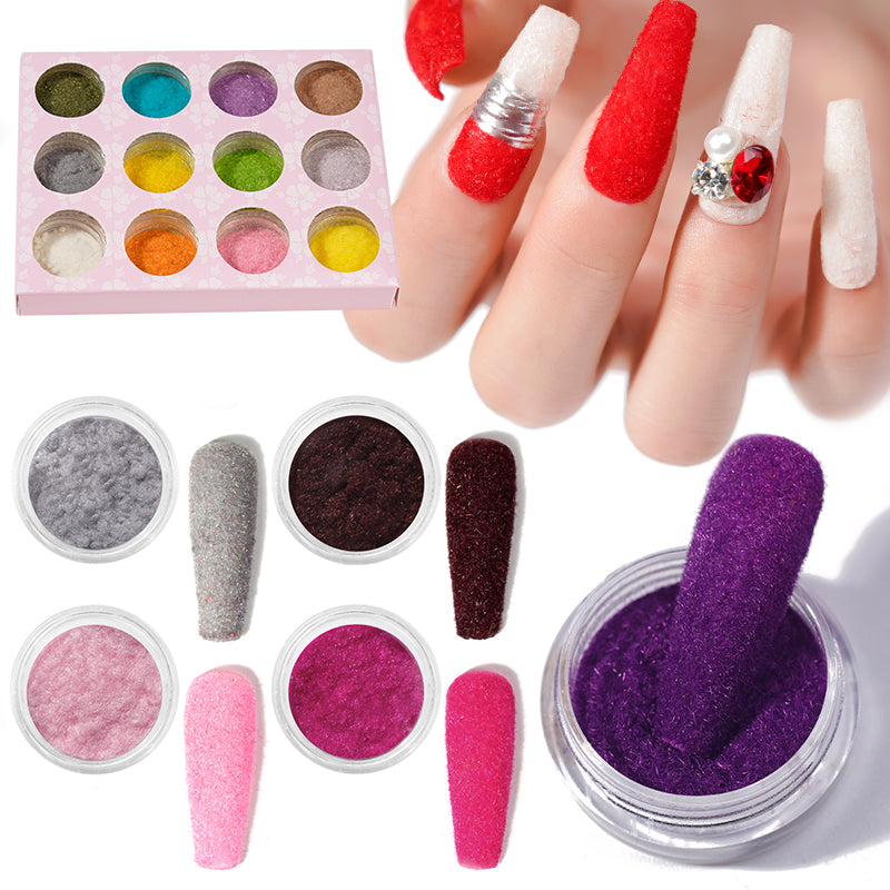 FNP067  New Designs Mixed Color 12 Pcs/set Plush Nail Decoration Powder