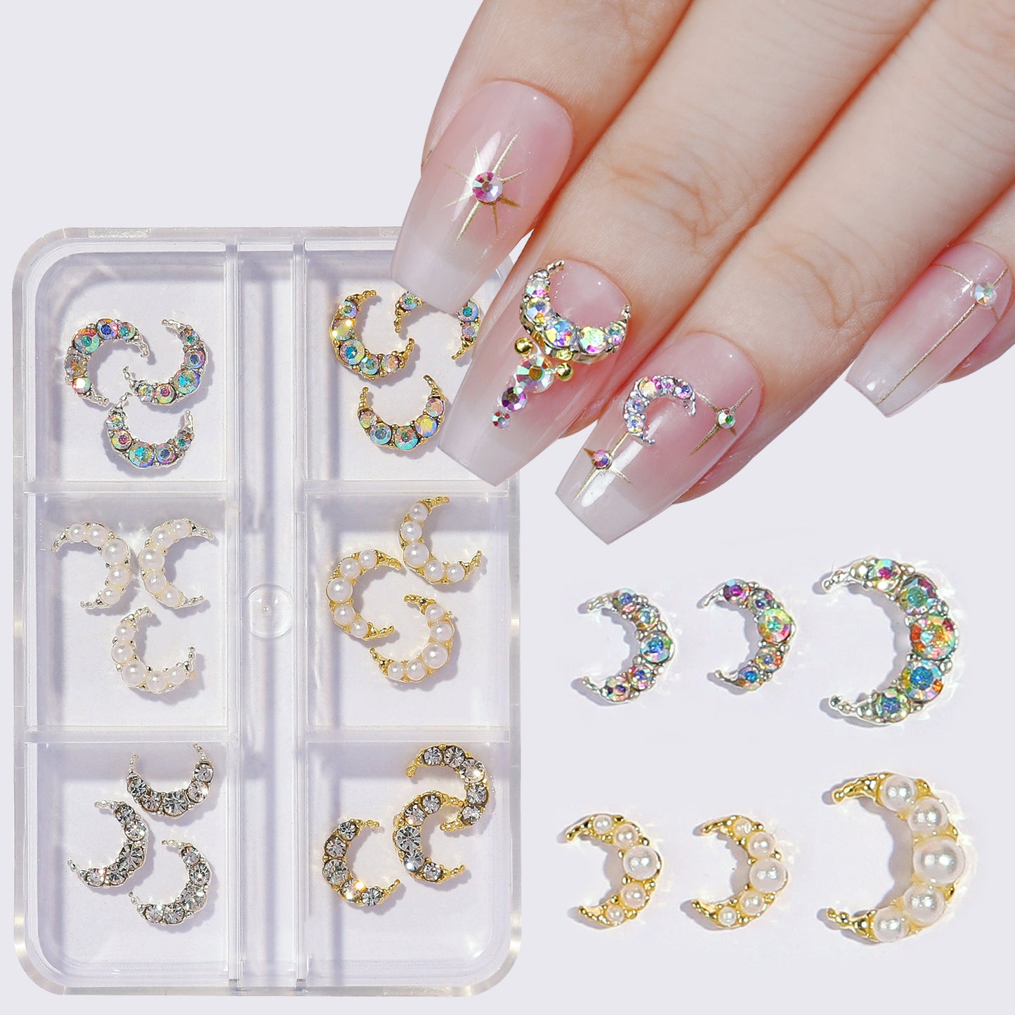 NZJ021 6 grid nail accessories wholesale diamond pearl moon luxury crescent metal alloy nail jewelry