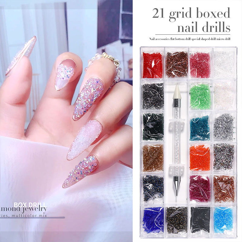 NRB018  21 Grids Mixed Color Micro Diamond Nail Art Flat Glass Round Shaped Rhinestone Box Nail Art Accessories DIY Set