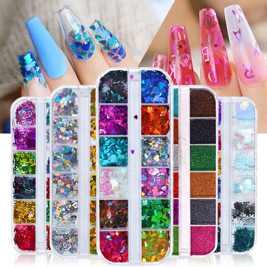 NDE035  ForLife Heart Shape Nail Glitter laser Sequins 3D Nail Art Decorations Flakes Tips 12 Color DIY Manicure sequins