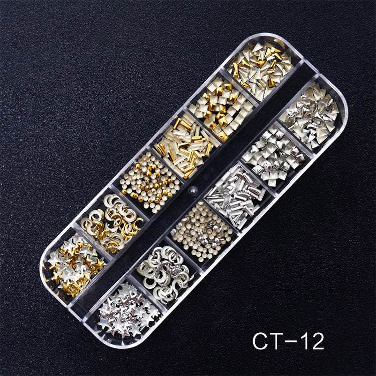 NDE050  Hot Selling Nail Rhinestone 12 Grid Boxed Mixed Rivet Jewelry Symphony Pearl Sequin Chain Nail Accessories