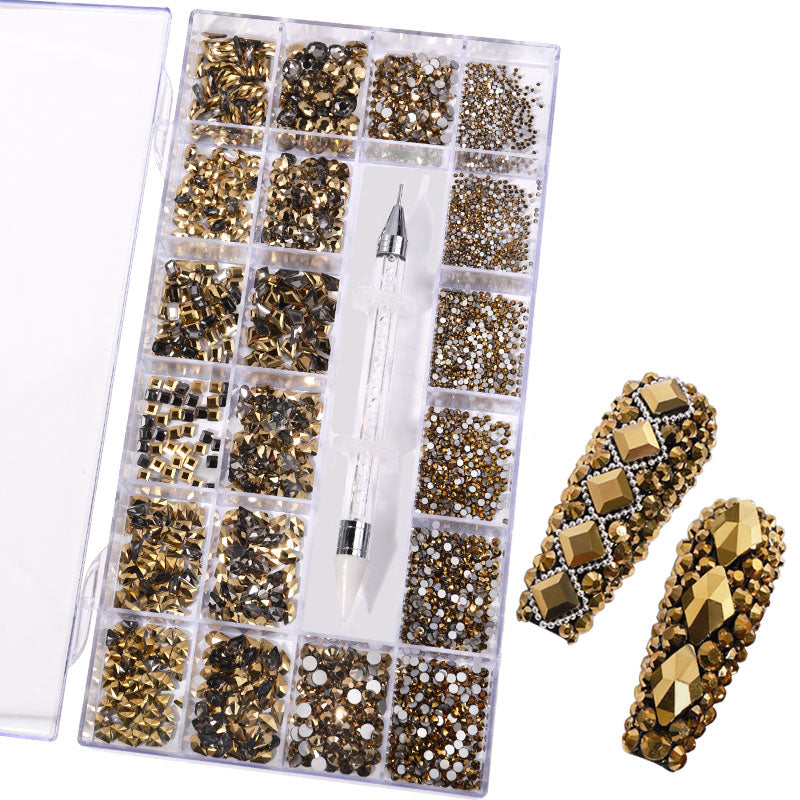 NRB005  Gold Nail Art Mix Shape Fancy Shaped In Box Flat Bottom Glass nail rhinestone art decoration gold rhinestones