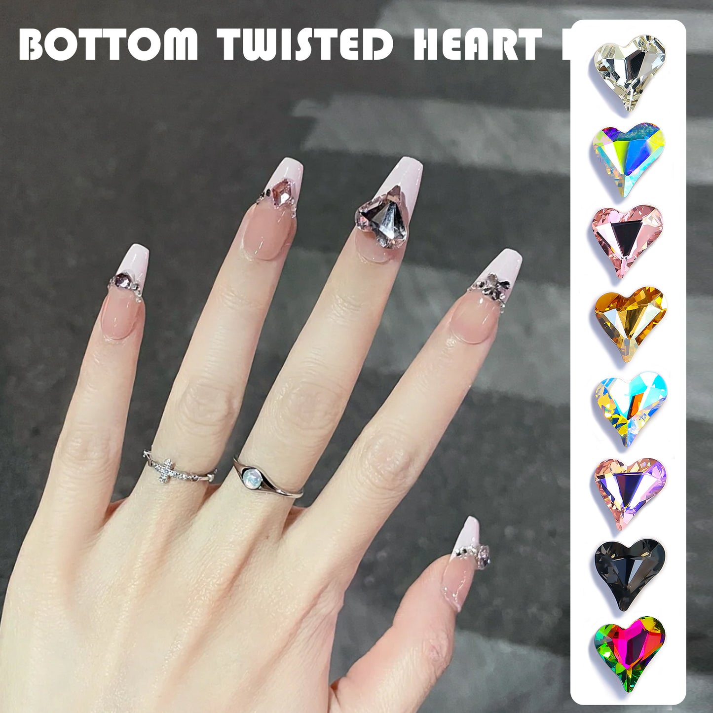 NZJ027  Large Nail Art Rhinestone Pointed Bottom Crooked Heart High Quality Glass Stone Fashion Fingernail DIY Decoration Accessories