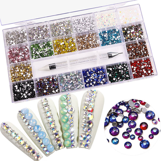 NRB018  21 Grids Mixed Color Micro Diamond Nail Art Flat Glass Round Shaped Rhinestone Box Nail Art Accessories DIY Set