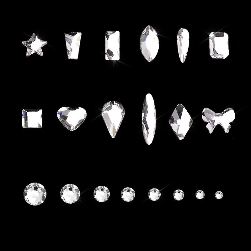 NRB009  Crystal White Nail Art Mix Shape Fancy Shaped In Box Flat Bottom Glass nail rhinestone art decoration white rhinestones