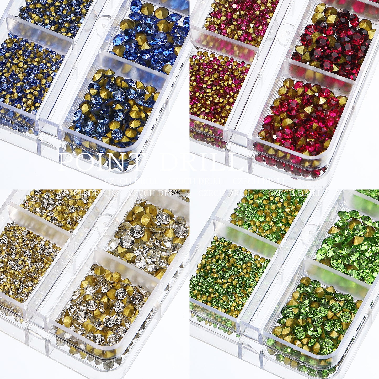 NRS031  6 grids/box pointed bottom colored glass rhinestones pink blue nail art rhinestone decoration