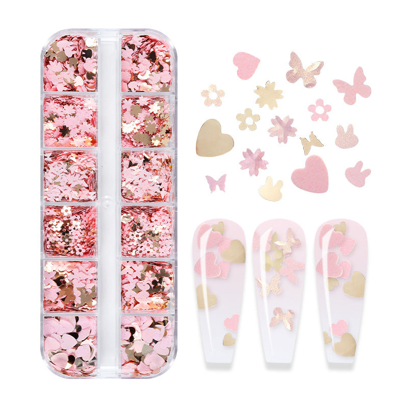 NDE063  Pink Gold Butterfly Love Flower Rabbit Nail Art Sequins Beauty Decorative Sequins