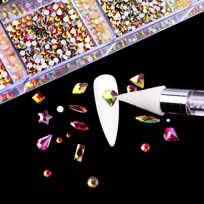 NRB014  Crystal Flame color Nail Art Mix Shape Fancy Shaped In Box Flat Bottom Glass nail rhinestone art decoration white rhinestones