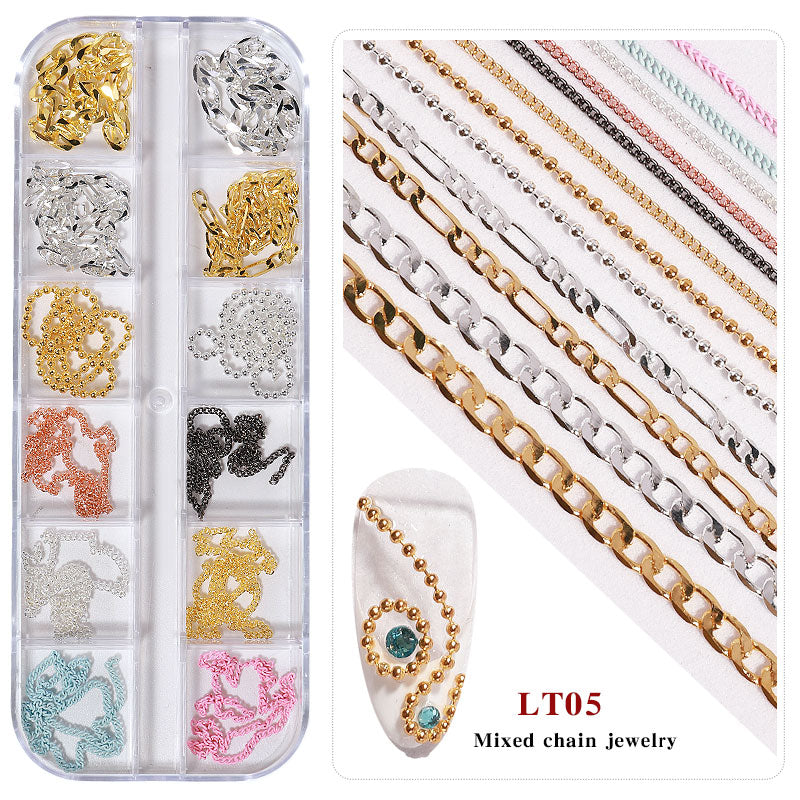 NDE054  ForLife new 12 grid boxed chain DIY nail art decoration metal rhinestone gold and silver chain