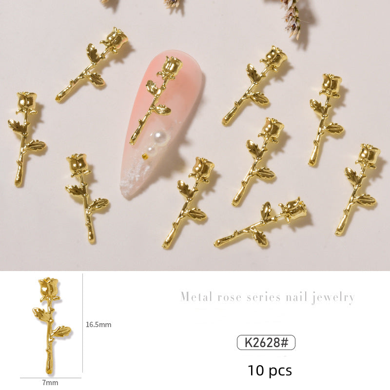 NZJ034 10 pcs/pack nail metal Rose alloy Accessories light luxury 3D Rose silver nail jewelry