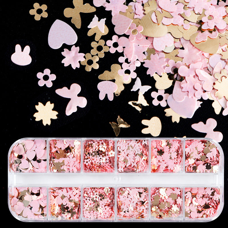 NDE063  Pink Gold Butterfly Love Flower Rabbit Nail Art Sequins Beauty Decorative Sequins