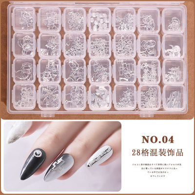 NRD011   28 grid/box mix 3D Pearl Rivet Steel Ball Shell Metal Studs Rhinestones Pearl Nail Jewelry DIY Art Accessories