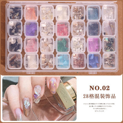 NRD011   28 grid/box mix 3D Pearl Rivet Steel Ball Shell Metal Studs Rhinestones Pearl Nail Jewelry DIY Art Accessories