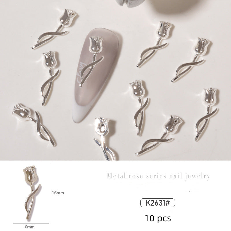 NZJ034 10 pcs/pack nail metal Rose alloy Accessories light luxury 3D Rose silver nail jewelry