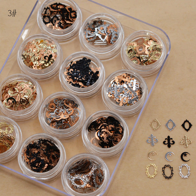 NRD012  1 box Gold Hollow Out Nail Glitter Sequins Mixed Flowers Star Designs Metal Thin Slice Paillette Polish Nails