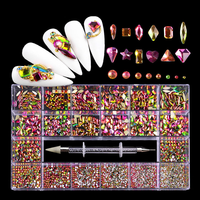 NRB014  Crystal Flame color Nail Art Mix Shape Fancy Shaped In Box Flat Bottom Glass nail rhinestone art decoration white rhinestones