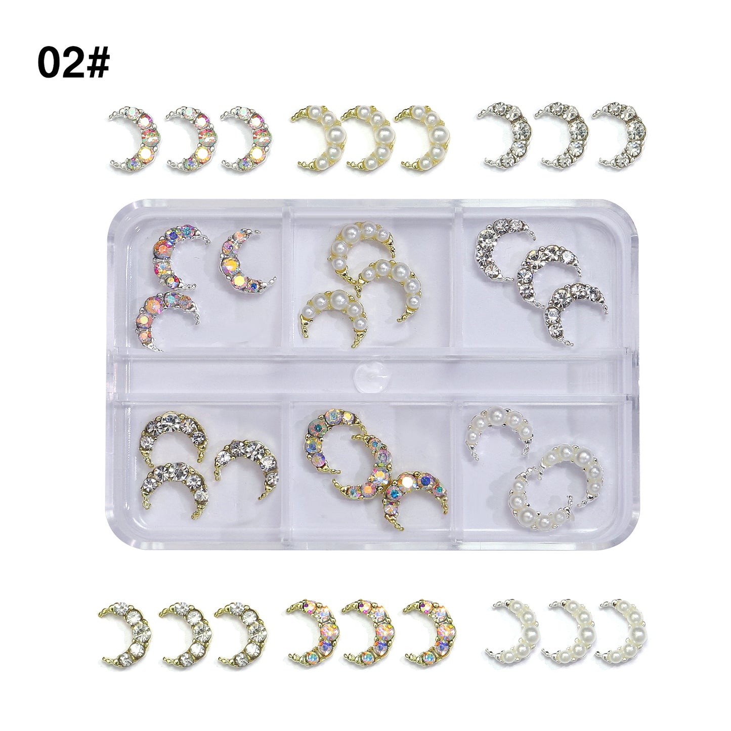 NZJ021 6 grid nail accessories wholesale diamond pearl moon luxury crescent metal alloy nail jewelry