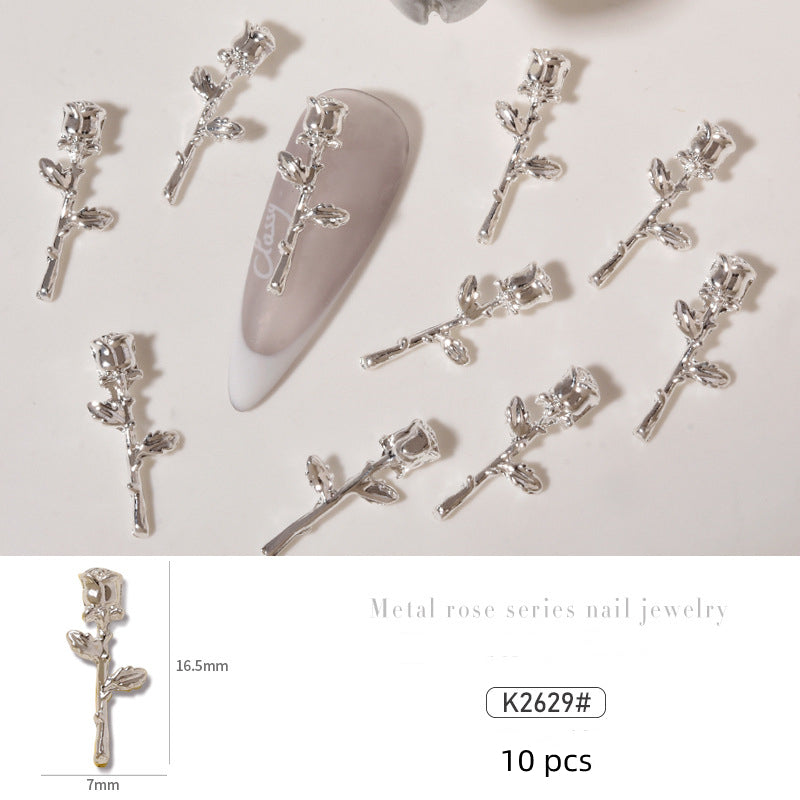 NZJ034 10 pcs/pack nail metal Rose alloy Accessories light luxury 3D Rose silver nail jewelry