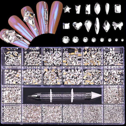 NRB009  Crystal White Nail Art Mix Shape Fancy Shaped In Box Flat Bottom Glass nail rhinestone art decoration white rhinestones