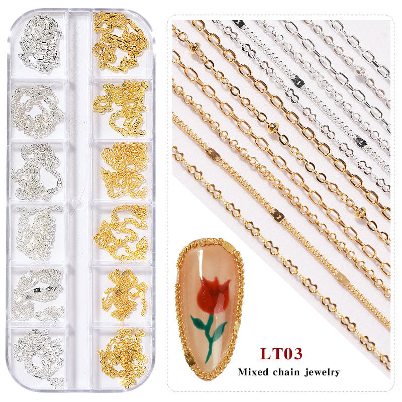 NDE054  ForLife new 12 grid boxed chain DIY nail art decoration metal rhinestone gold and silver chain