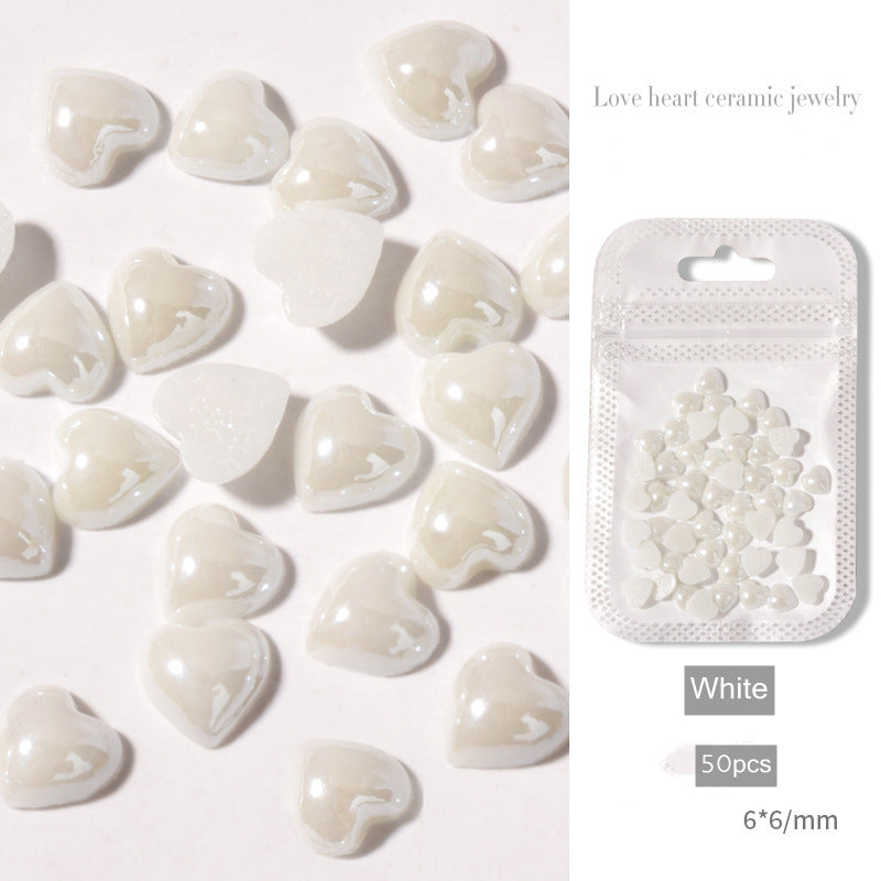 NDE052  50 pieces of nail art accessories white love jewelry peach heart white heart-shaped color ceramic 3D nail decoration