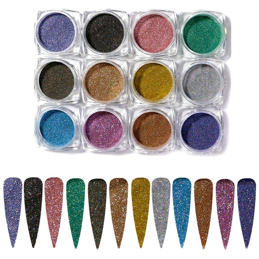 FNP057  12pcs/set Nail Laser Glitter Shimmert Holographic Pigment Magic Acrylic Nail Art Power