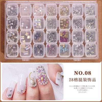 NRD011   28 grid/box mix 3D Pearl Rivet Steel Ball Shell Metal Studs Rhinestones Pearl Nail Jewelry DIY Art Accessories