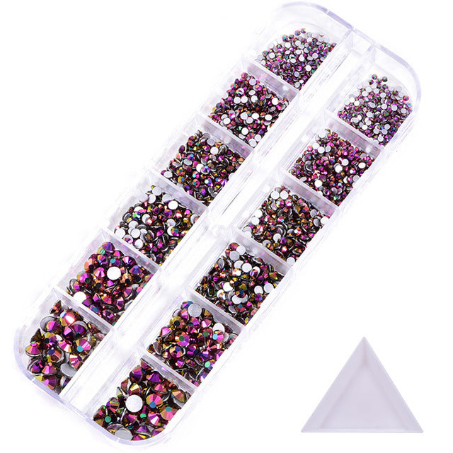 NRS016  ForLife Hot sale style glass flat bottom rhinestone 12 grid set nail art rhinestone shiny crystal nail art accessories