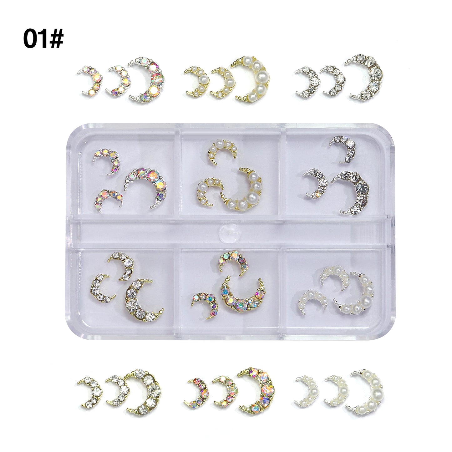 NZJ021 6 grid nail accessories wholesale diamond pearl moon luxury crescent metal alloy nail jewelry